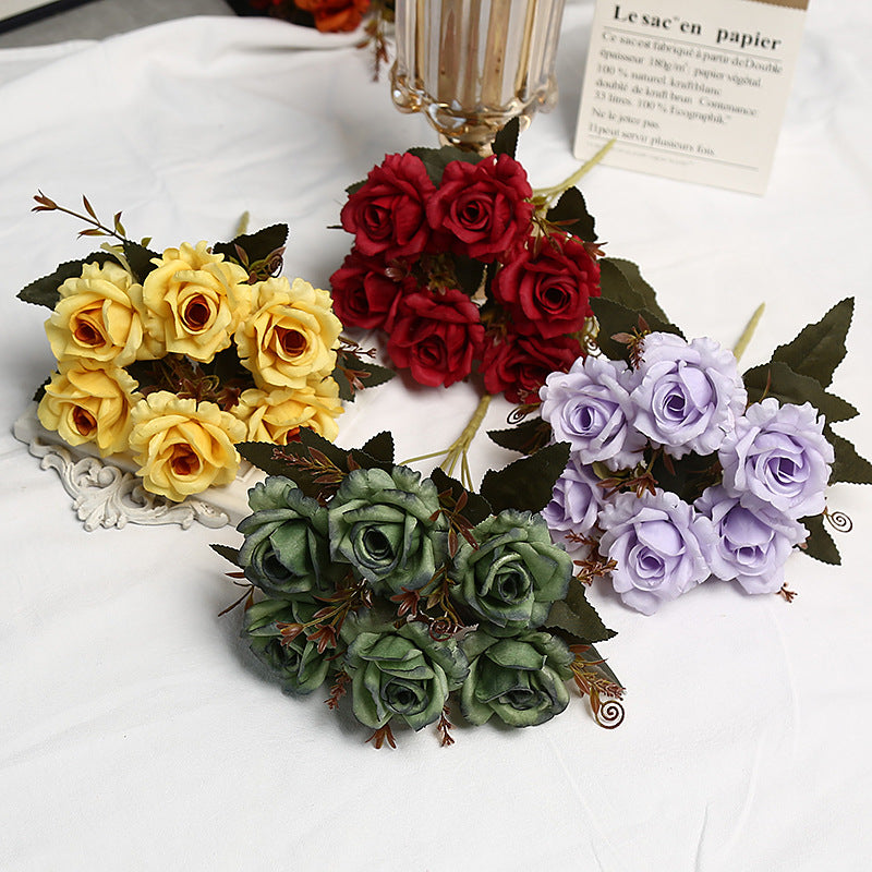 Bush de roses artificielles vintage, 6 fleurs, 30 cm, tissu soyeux, décoration intérieure et événements