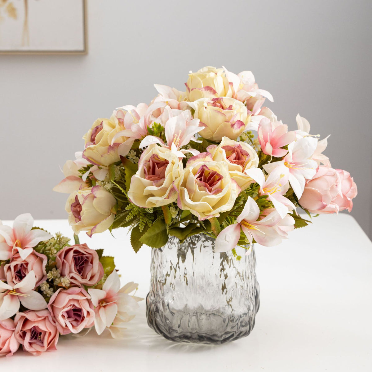 Bouquet de roses et lys artificiels, 34 cm, élégance française, pour mariage, décoration intérieure et extérieure