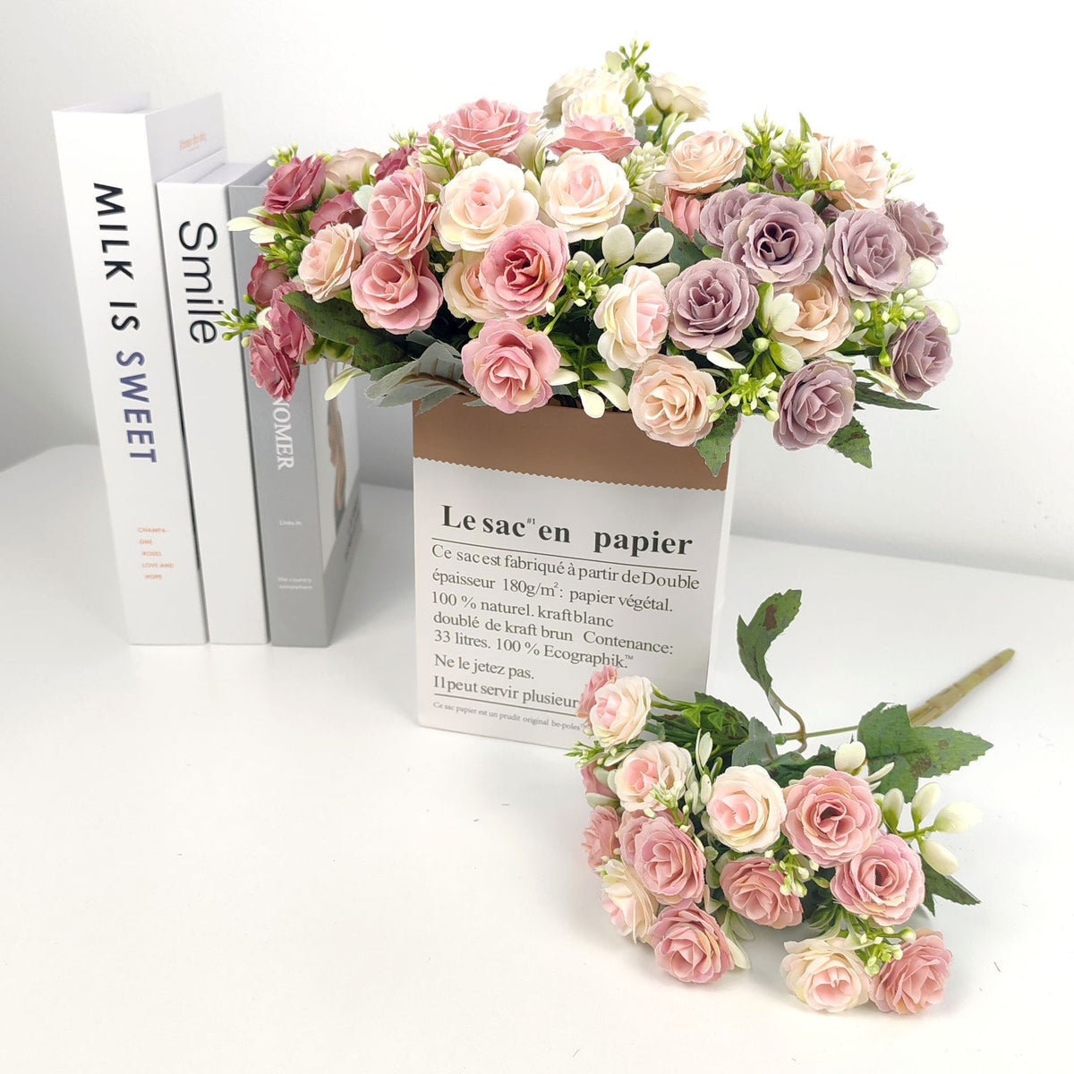Bouquet de 15 roses artificielles en polyester, 30 cm, décoration intérieure et mariage