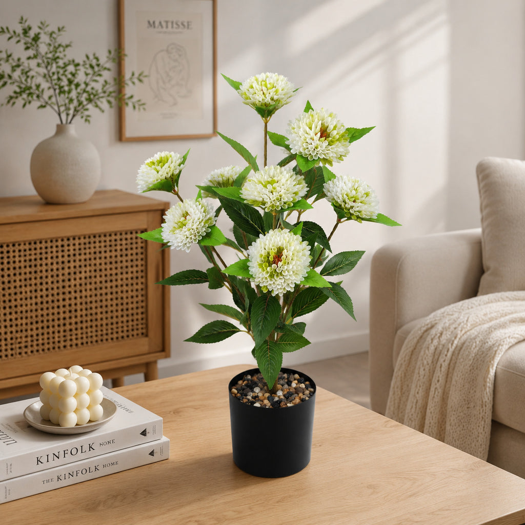 Bouquet de Chrysanthèmes Pompons Artificiels, 57 cm, 9 Fleurs, Décoration Élégante pour Mariage, Bureau ou Maison