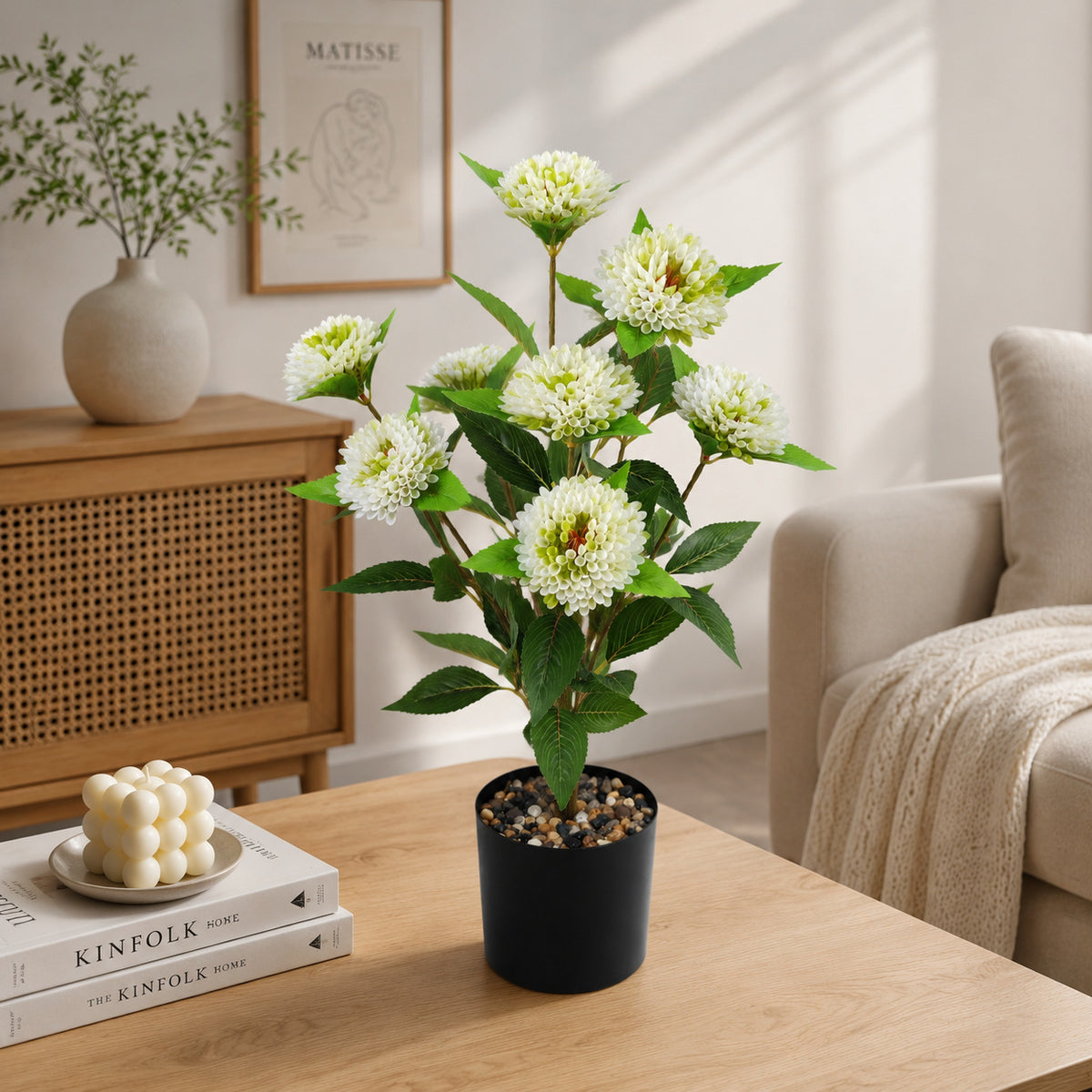 Bouquet de Chrysanthèmes Pompons Artificiels, 57 cm, 9 Fleurs, Décoration Élégante pour Mariage, Bureau ou Maison