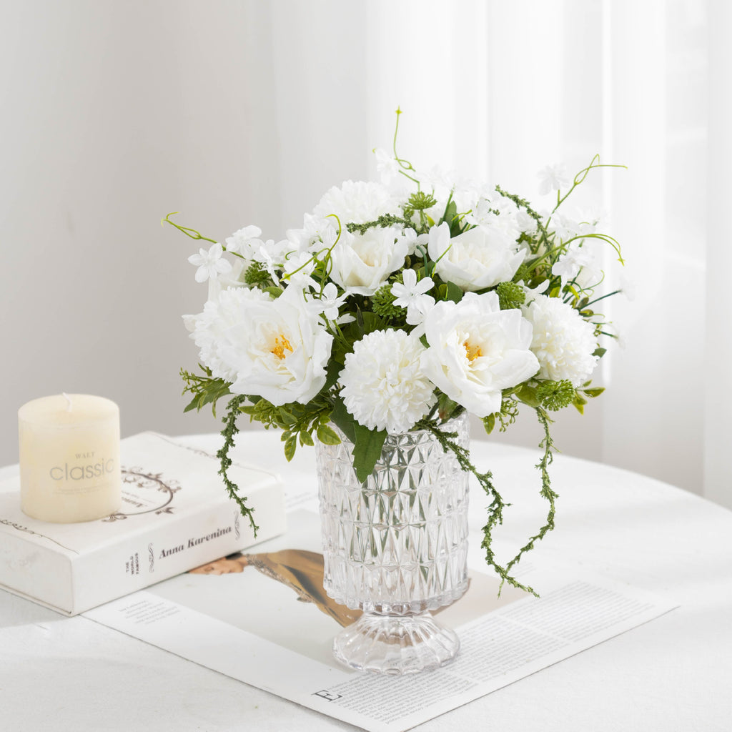 Bouquet de roses et chrysanthèmes artificiels 28 cm, décoration élégante pour mariage, maison ou café, style champêtre et bohème