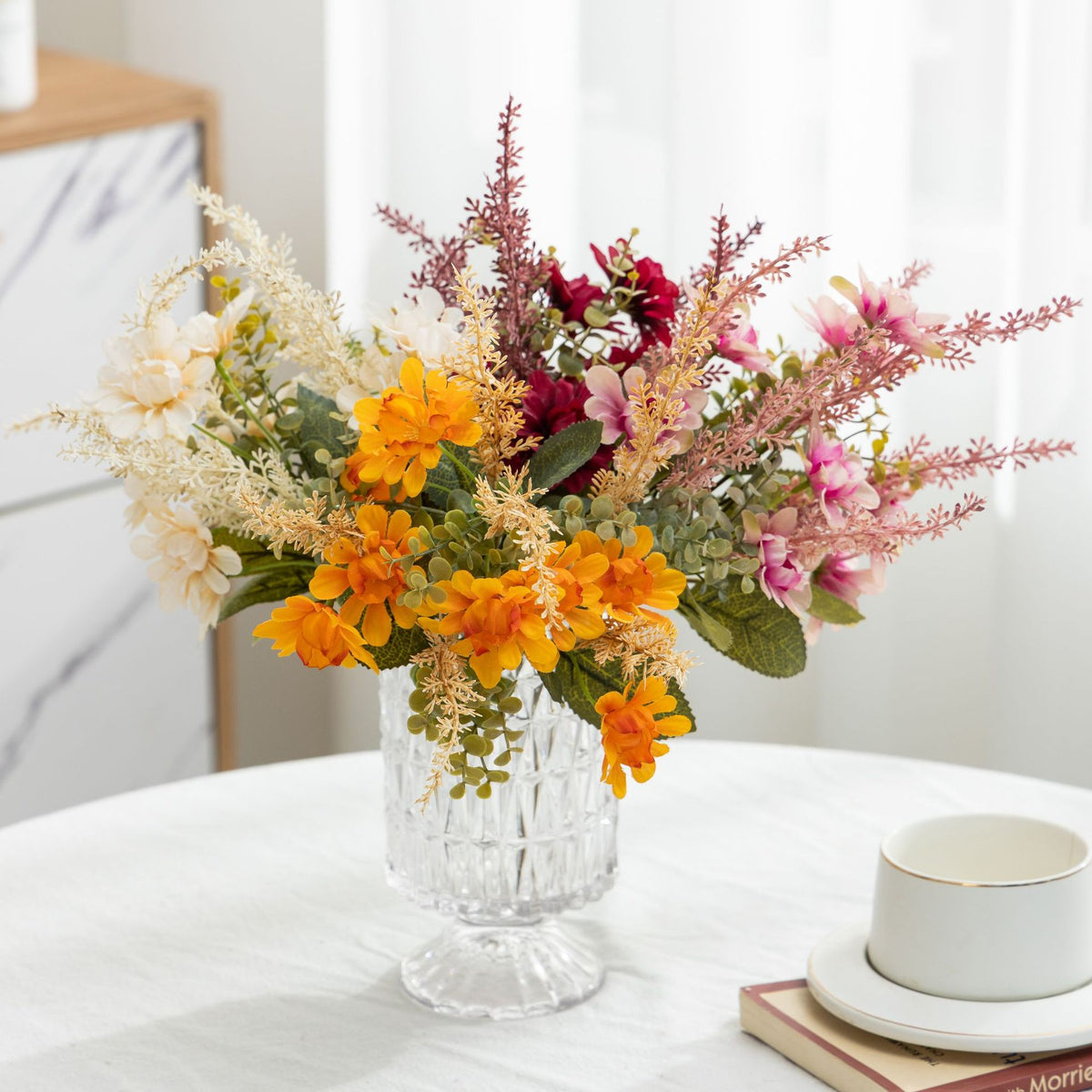Bouquet de fleurs artificielles rétro automnal, 36 cm - Marguerites et blé, décoration de mariage et maison