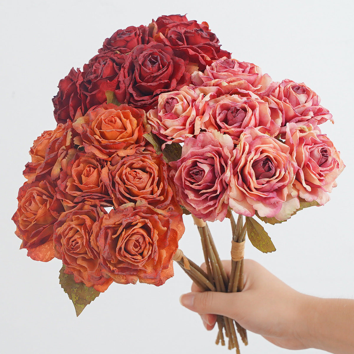 Bouquet de 7 roses vintage à bords vieillis, 35 cm, décoration intérieure élégante, sans entretien