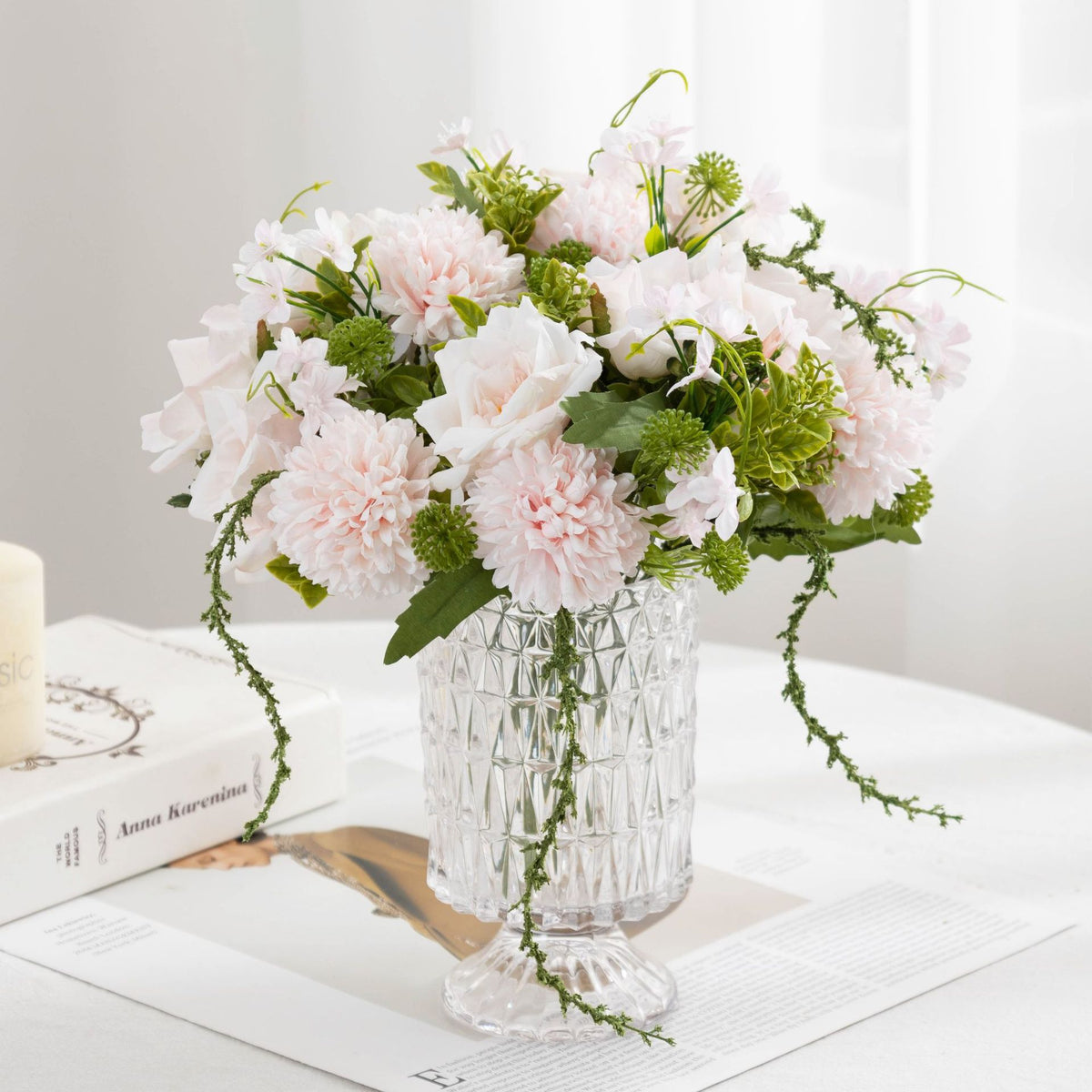 Bouquet de roses et chrysanthèmes artificiels 28 cm, décoration élégante pour mariage, maison ou café, style champêtre et bohème