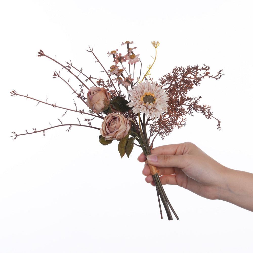 Bouquet de fleurs artificielles rétro 32 cm, roses, marguerites et hortensias en soie, décoration intérieure, mariage, maison de campagne