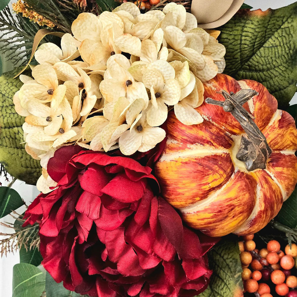 Décoration murale en osier avec fleurs de citrouille et hortensias rouges, 40 cm, style campagne