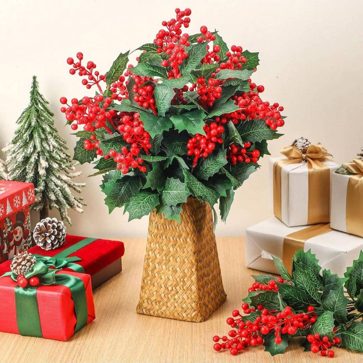 Décoration de Noël, Branche Artificielle en Soie avec Baies Rouges, 40 cm, pour Intérieur, Fêtes et Cadeaux
