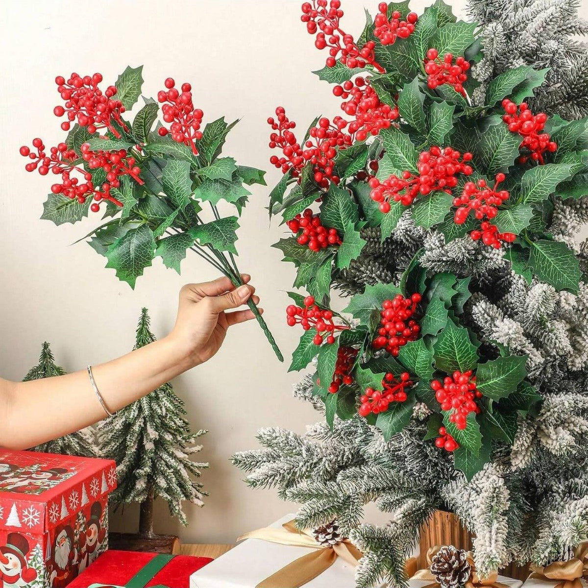 Décoration de Noël, Branche Artificielle en Soie avec Baies Rouges, 40 cm, pour Intérieur, Fêtes et Cadeaux