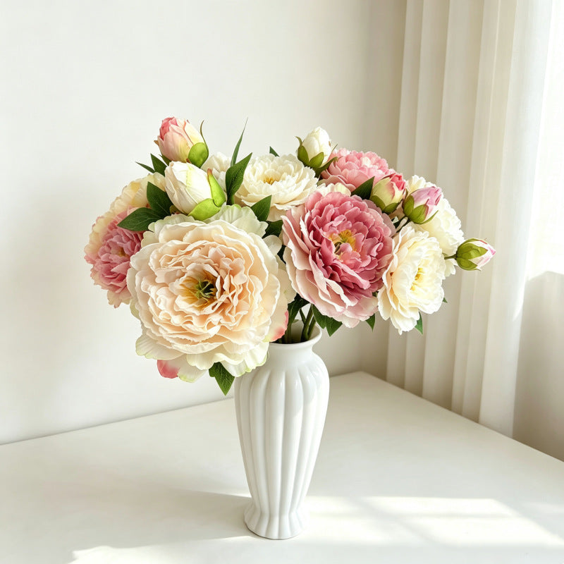 Fleurs artificielles en soie polyester, 2 têtes de pivoines et pivoines blanches, 50 cm, décoration intérieure, mariage, maison