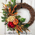 Décoration murale en osier avec fleurs de citrouille et hortensias rouges, 40 cm, style campagne