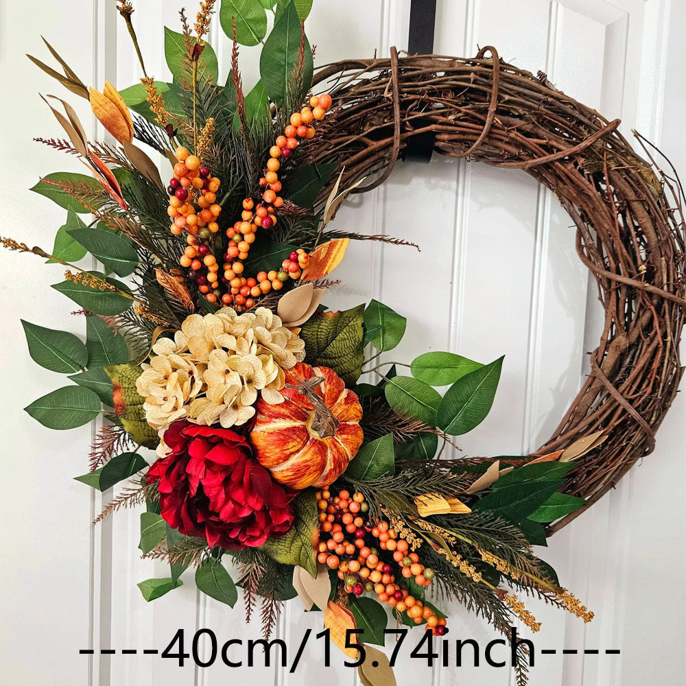Décoration murale en osier avec fleurs de citrouille et hortensias rouges, 40 cm, style campagne