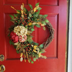 Décoration murale en osier avec fleurs de citrouille et hortensias rouges, 40 cm, style campagne