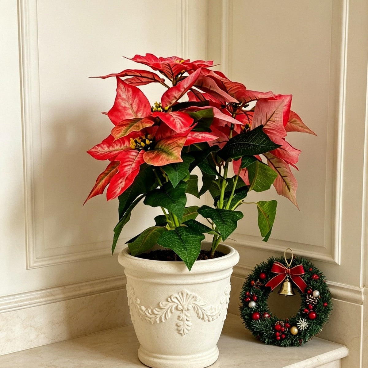 Plante Artificielle Poinsettia avec 5 Fleurs, Décoration de Noël, 52 cm