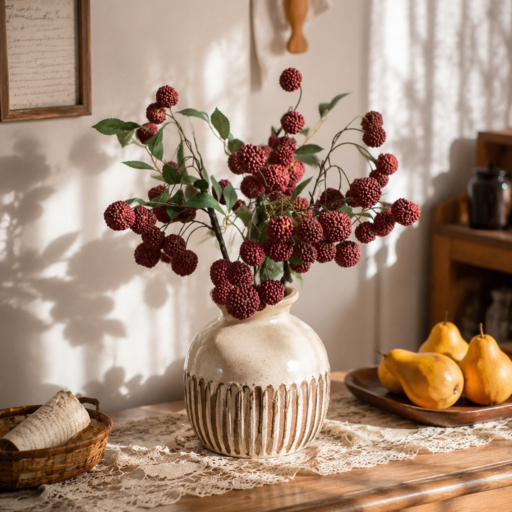 Faux litchi en grappe, 15 fruits avec feuilles, décoration champêtre, 55 cm, sans pot