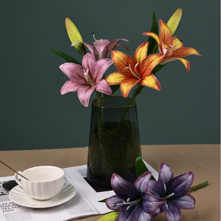 Tige unique de lys artificiel, 3 fleurs, 41 cm, décoration intérieure et événements