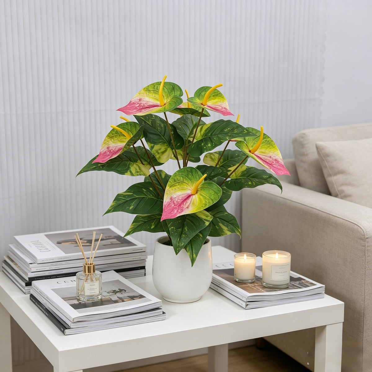 Plante artificielle Anthurium rouge, 57 cm, idéale pour décoration intérieure, mariages et espaces commerciaux