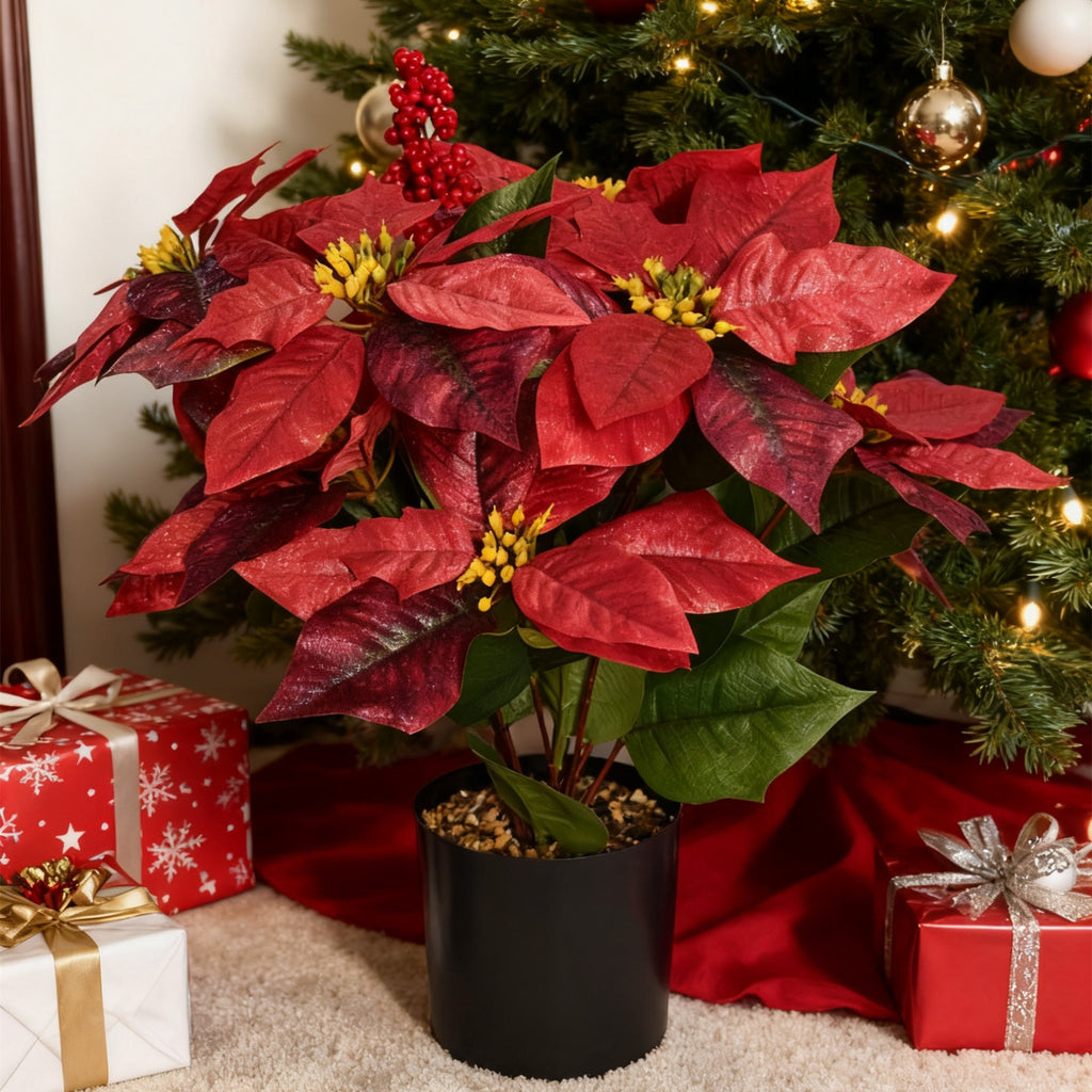 Plante artificielle de poinsettia 45 cm avec baies rouges - En pot pour décoration de Noël maison, véranda et jardin