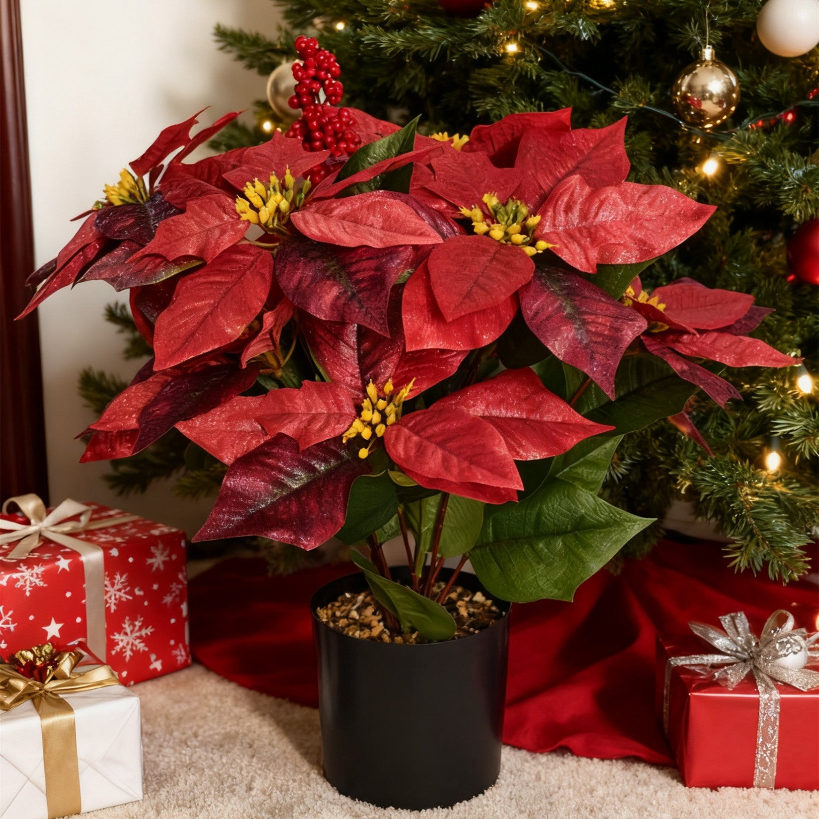 Plante artificielle de poinsettia 45 cm avec baies rouges - En pot pour décoration de Noël maison, véranda et jardin