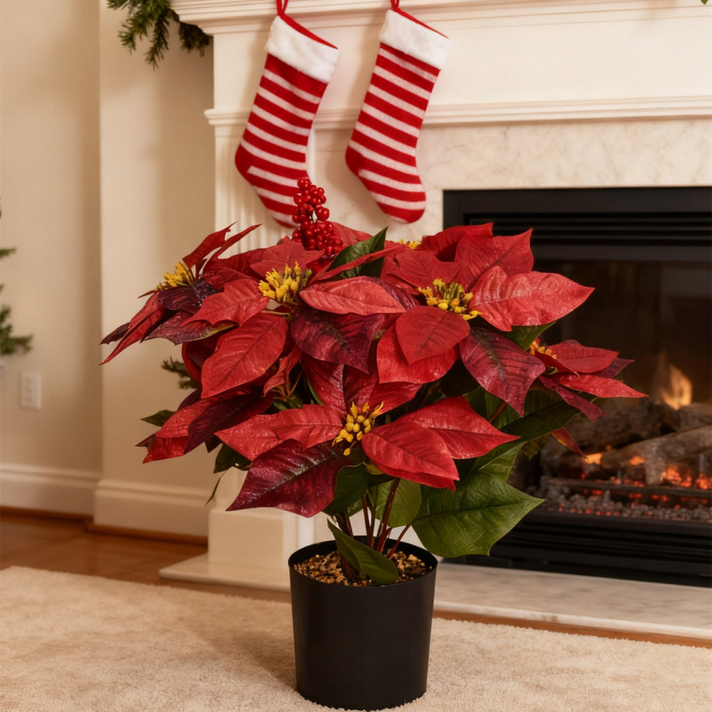 Plante artificielle de poinsettia 45 cm avec baies rouges - En pot pour décoration de Noël maison, véranda et jardin