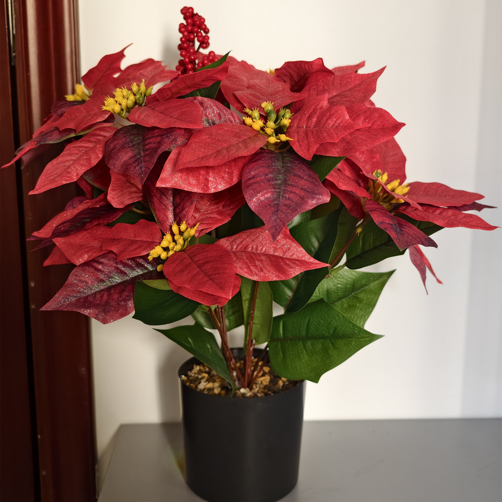 Plante artificielle de poinsettia 45 cm avec baies rouges - En pot pour décoration de Noël maison, véranda et jardin