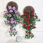 Rose artificielle murale pendante - 90 cm - Avec plateau suspendu tressé en rotin | Parfaite pour la décoration intérieure et de jardin