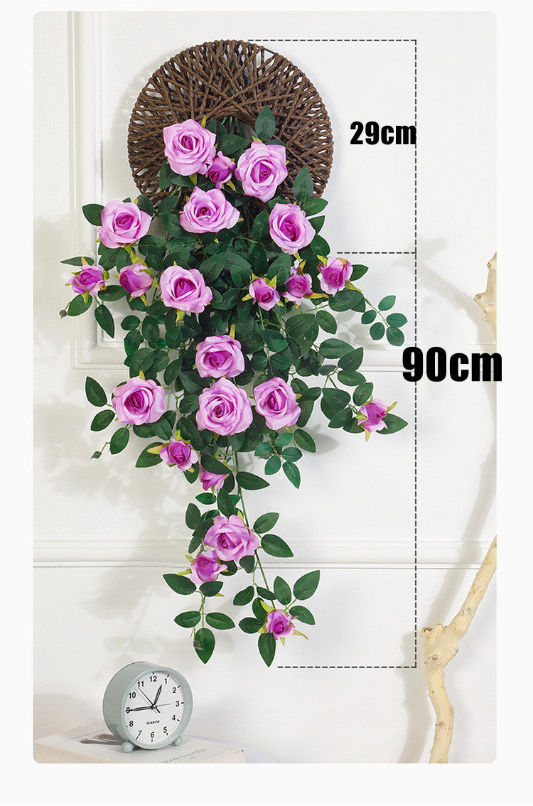 Rose artificielle murale pendante - 90 cm - Avec plateau suspendu tressé en rotin | Parfaite pour la décoration intérieure et de jardin