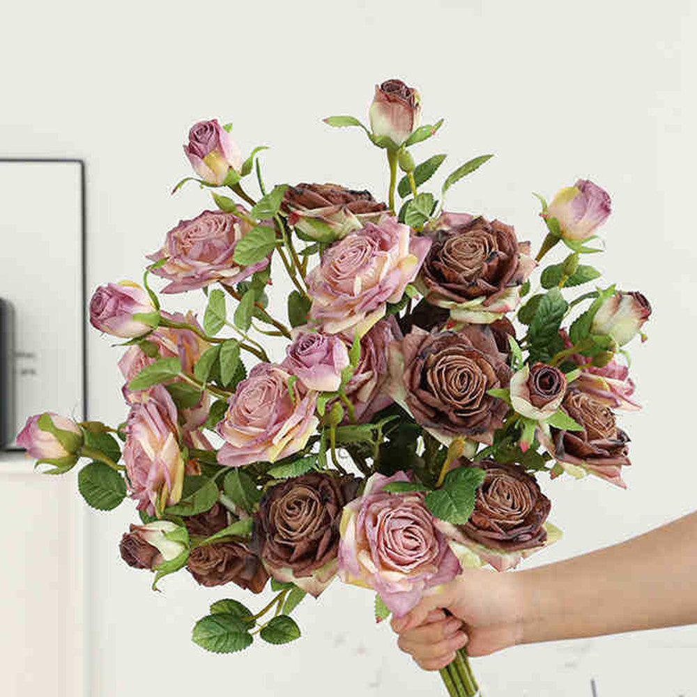 Bouquet de roses artificielles à bords brûlés 55cm - Réaliste et élégante - Idéal pour mariage, décoration intérieure et automne