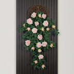 Rose artificielle murale pendante - 90 cm - Avec plateau suspendu tressé en rotin | Parfaite pour la décoration intérieure et de jardin