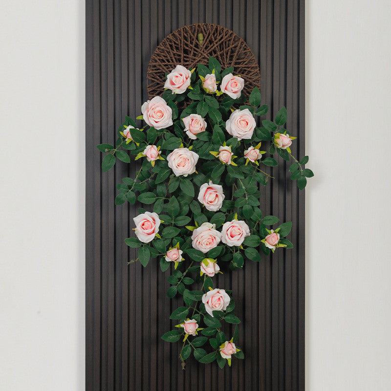 Rose artificielle murale pendante - 90 cm - Avec plateau suspendu tressé en rotin | Parfaite pour la décoration intérieure et de jardin