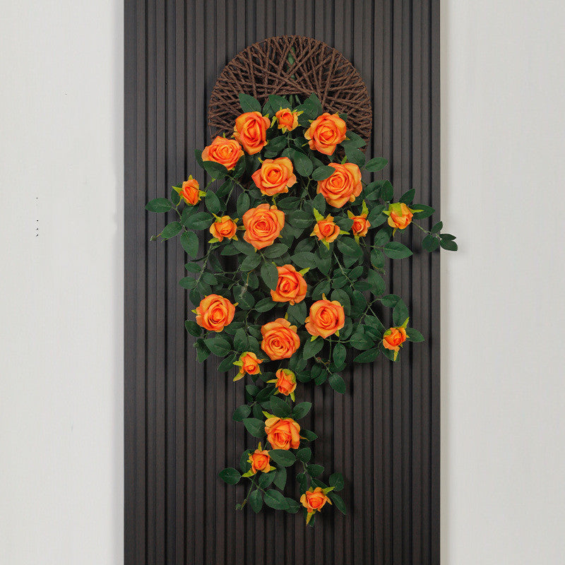 Rose artificielle murale pendante - 90 cm - Avec plateau suspendu tressé en rotin | Parfaite pour la décoration intérieure et de jardin