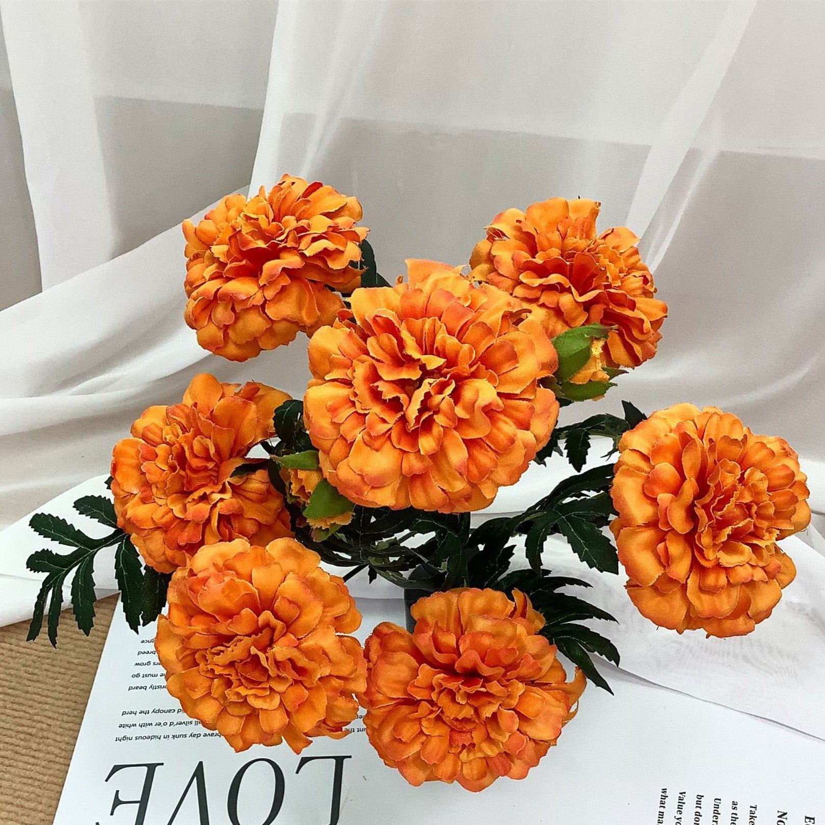 Fleurs artificielles d'oeillet d'Inde vintage à 7 têtes 33cm - Élégantes - Idéal pour décoration automne-hiver