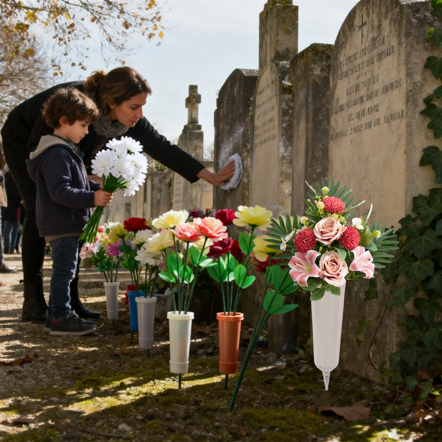 58 cm Bouquet de fleurs artificielles pour cimetière lys, chrysanthèmes et roses pour décorer les tombes à la Fête de la Toussaint