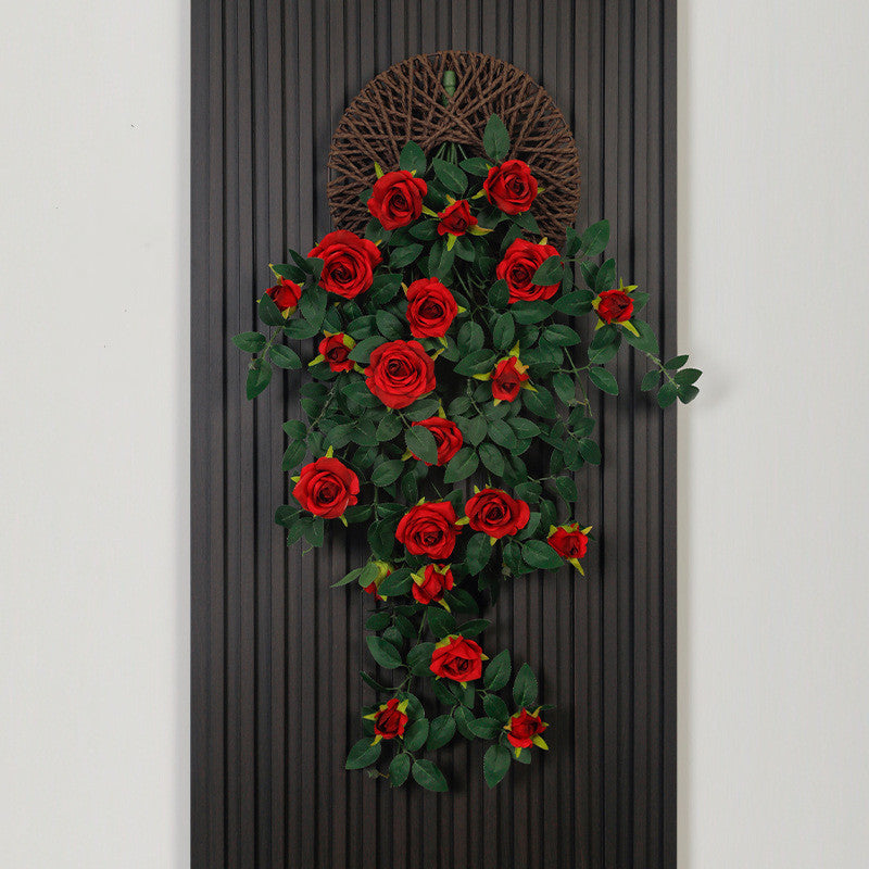 Rose artificielle murale pendante - 90 cm - Avec plateau suspendu tressé en rotin | Parfaite pour la décoration intérieure et de jardin