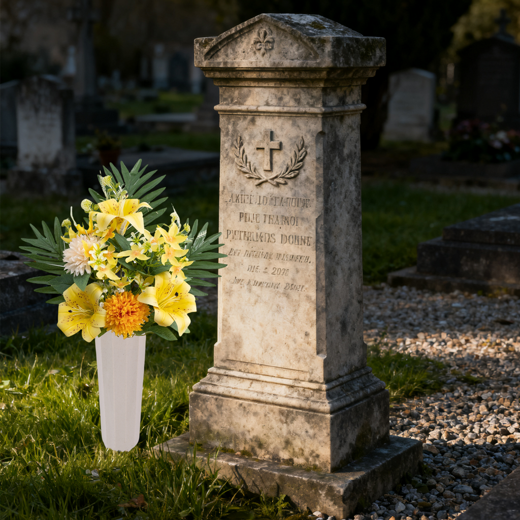 58 cm Bouquet de fleurs artificielles pour cimetière lys, chrysanthèmes et roses pour décorer les tombes à la Fête de la Toussaint