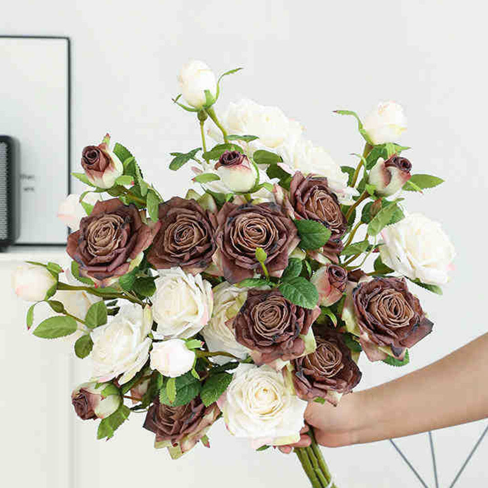 Bouquet de roses artificielles à bords brûlés 55cm - Réaliste et élégante - Idéal pour mariage, décoration intérieure et automne