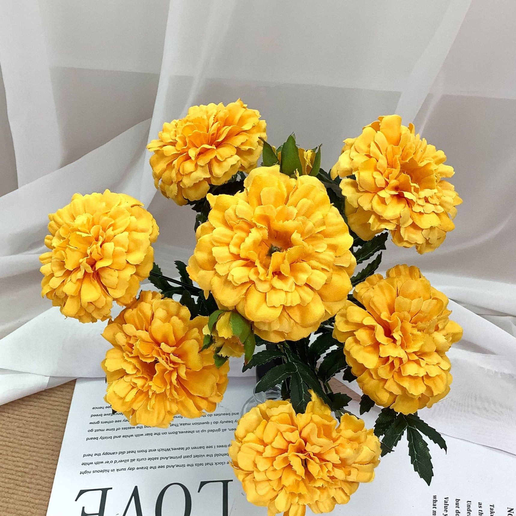 Fleurs artificielles d'oeillet d'Inde vintage à 7 têtes 33cm - Élégantes - Idéal pour décoration automne-hiver