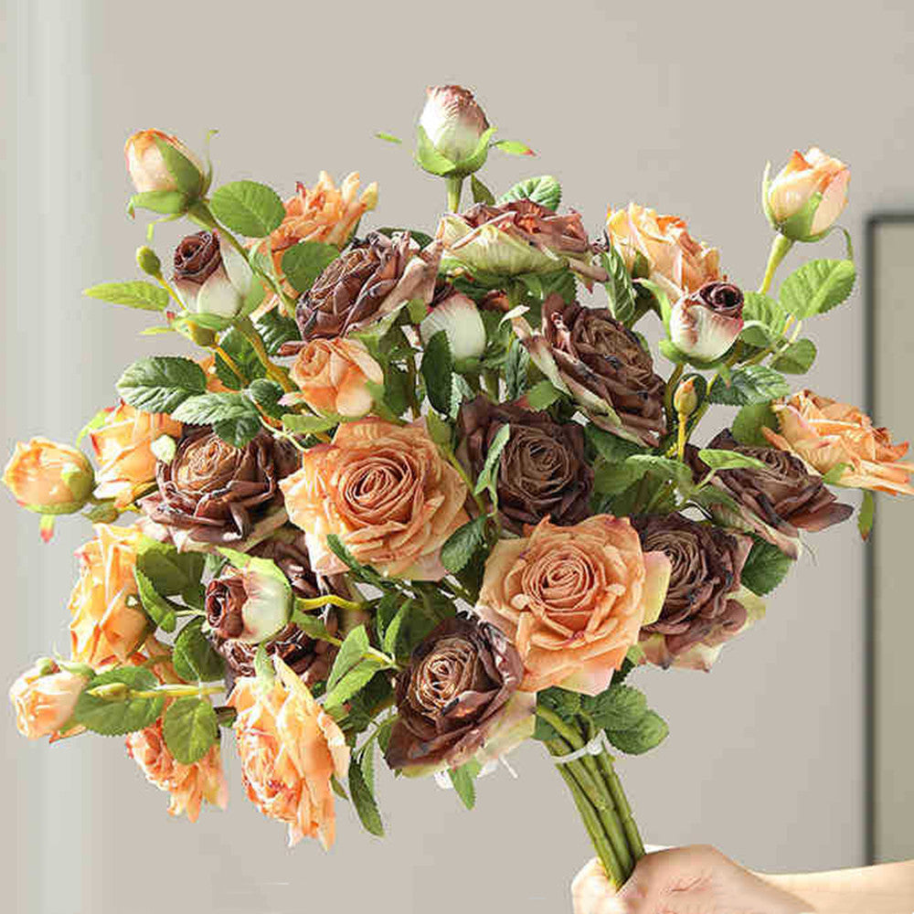 Bouquet de roses artificielles à bords brûlés 55cm - Réaliste et élégante - Idéal pour mariage, décoration intérieure et automne