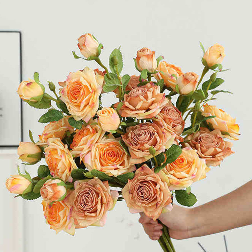 Bouquet de roses artificielles à bords brûlés 55cm - Réaliste et élégante - Idéal pour mariage, décoration intérieure et automne