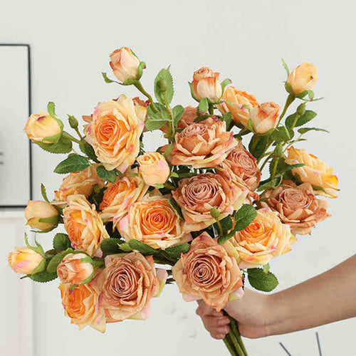 Bouquet de roses artificielles 55 cm à bords brûlés – Réaliste et élégant pour mariage, intérieur et automne